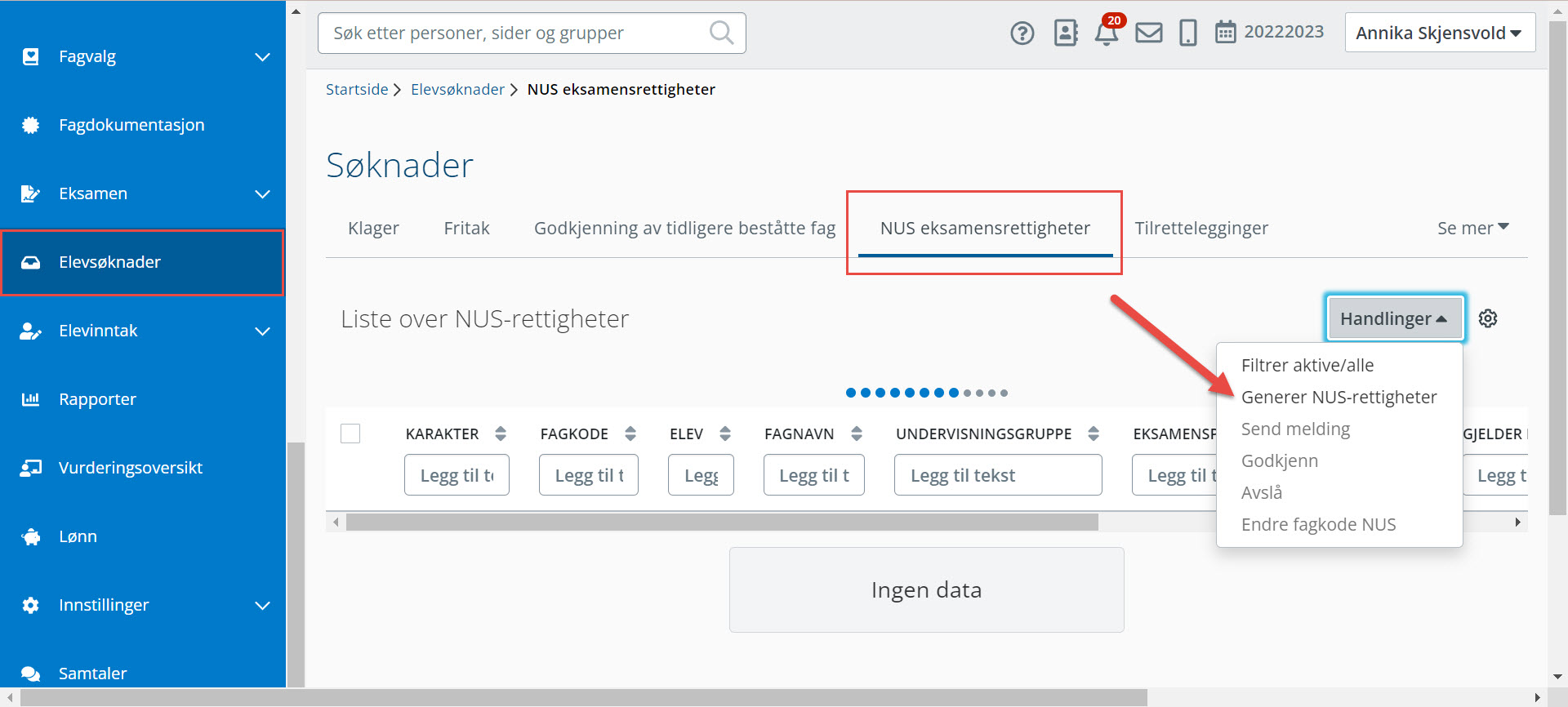 skjermbilde elevsøknader og underfane NUS eksamensrettigheter. Handlingsknapp generer NUS-rettigheter