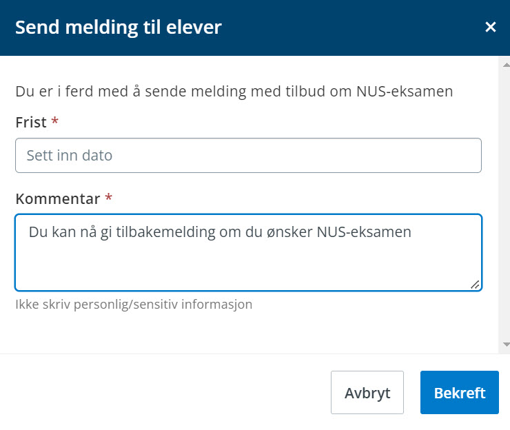 skjermbilde meldingsvindu til elever med frist og kommentar