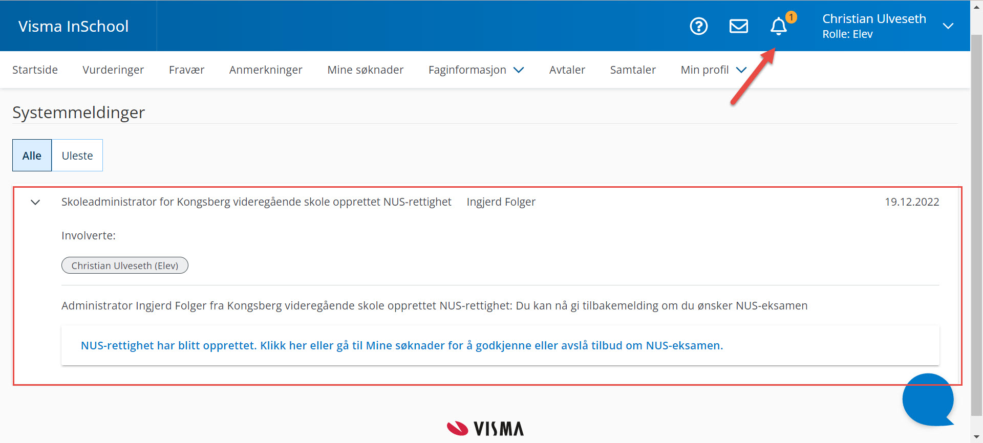 skjermbilde elev får  varsel om opprettet NUS-rettighet