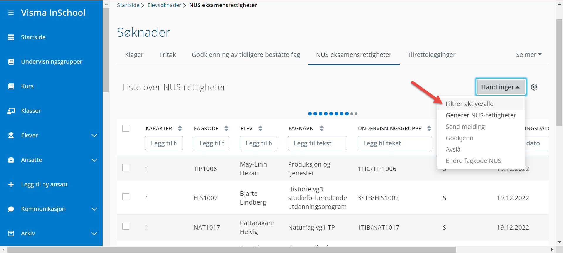 skjermbilde filtrer aktive og alle