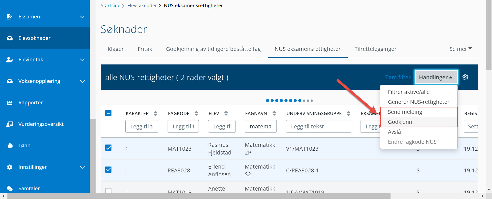 skjermbilde godkjenne eller avslå NUS på flere elever