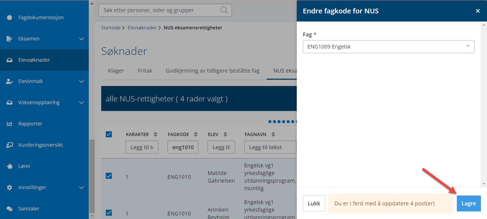 skjermbilde endre fagkode NUS fagkodevindu