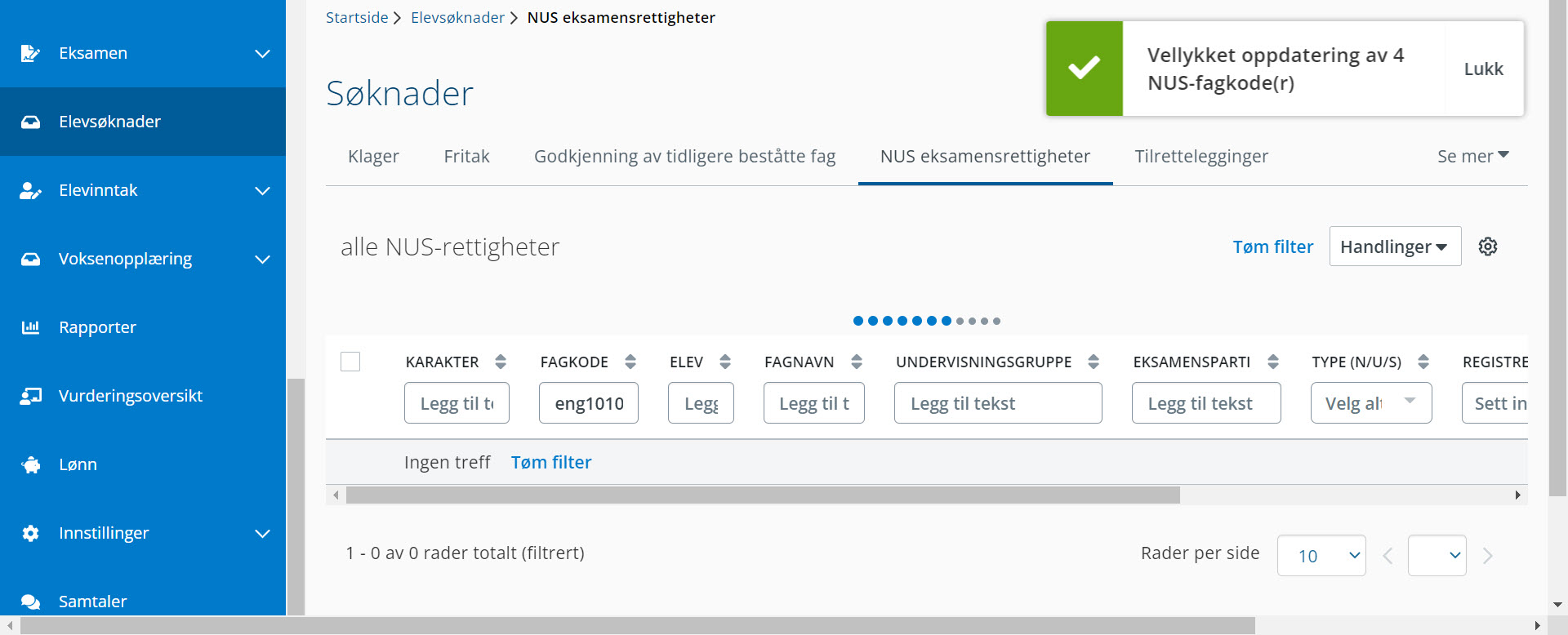 skjermbilde bekreftelsesmelding oppdatering av endret NUS-fagkode