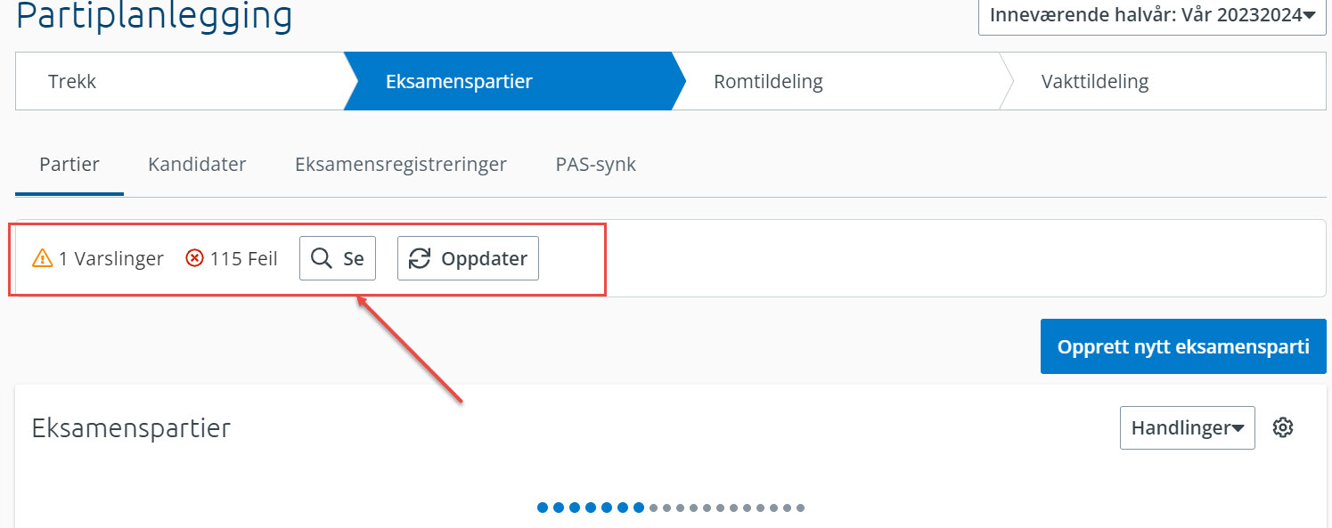 skjermbilde feil og advarsel i eksamenspartier