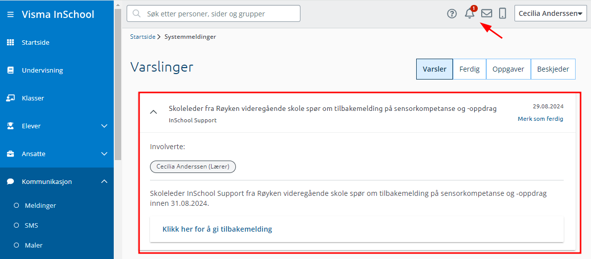 varsel til ansatt om å gi tilbakemelding om sensorkompetanse