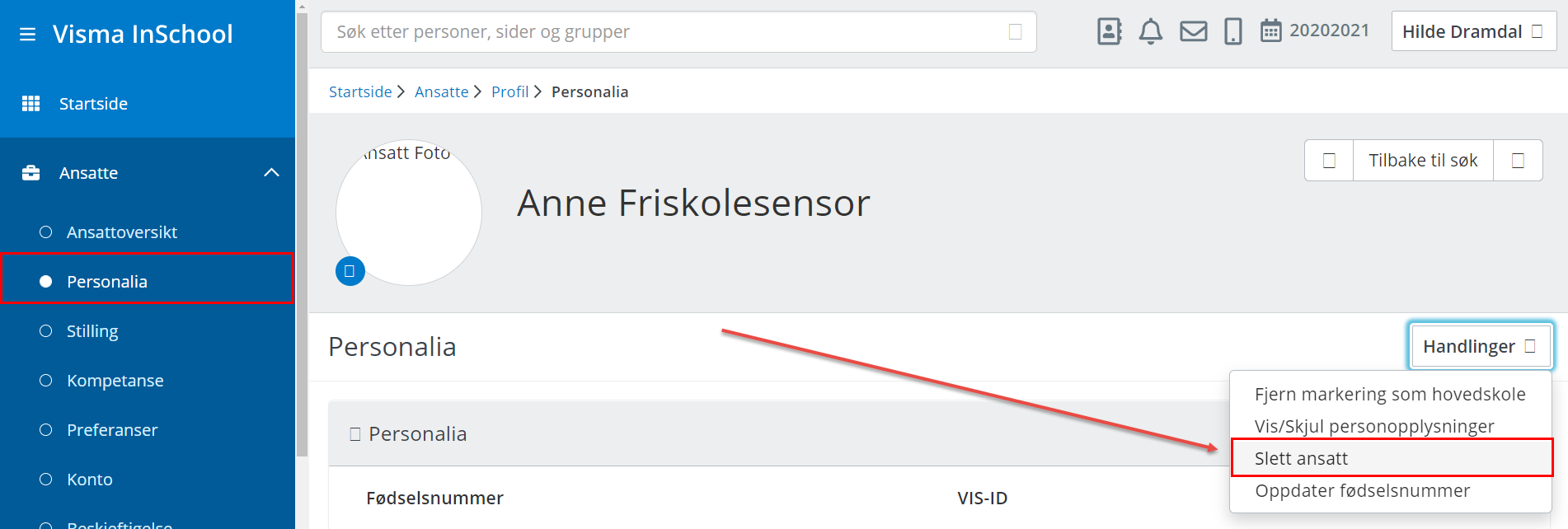 skjermbilde slette ansatt