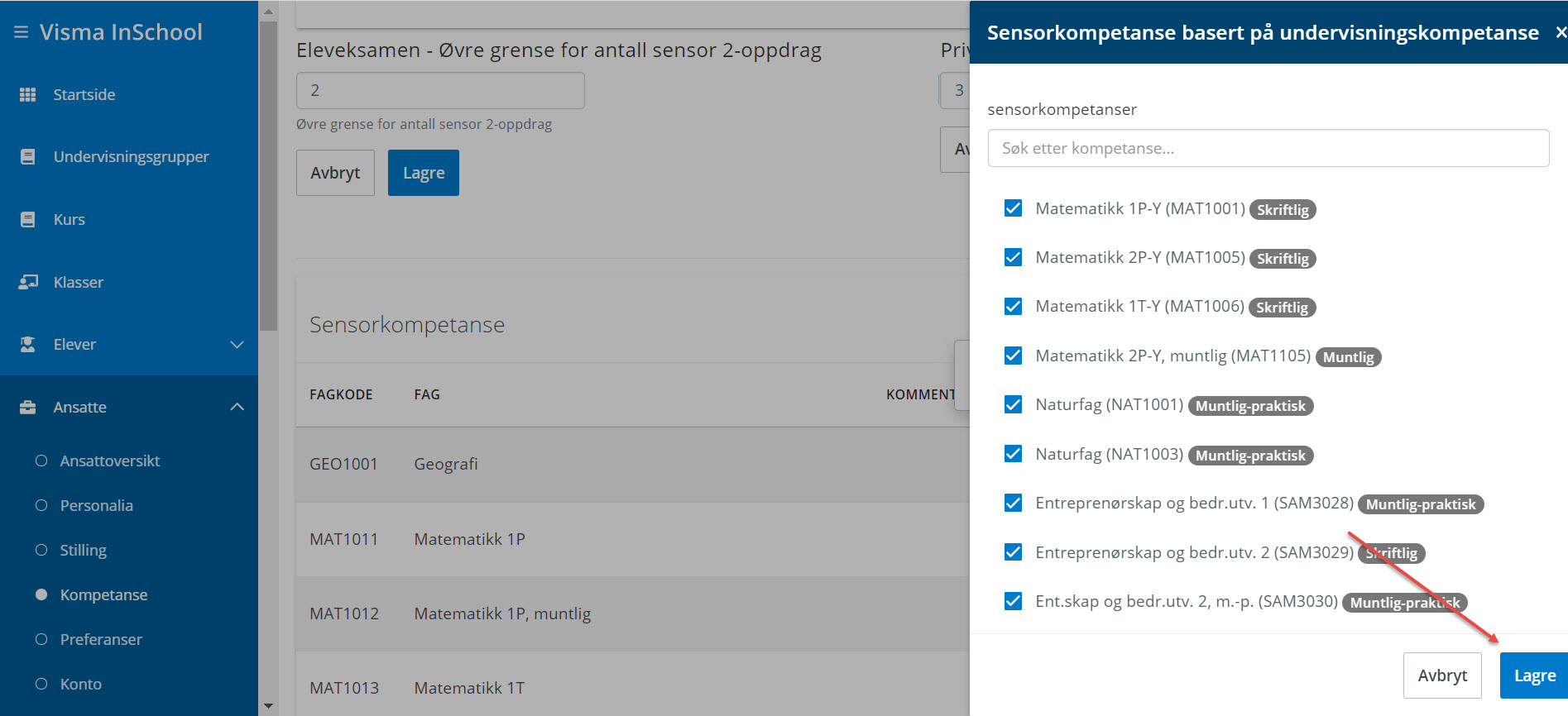 eksempel ansatt som redigerer sensorkompetanse basert på undervisningskompetanse