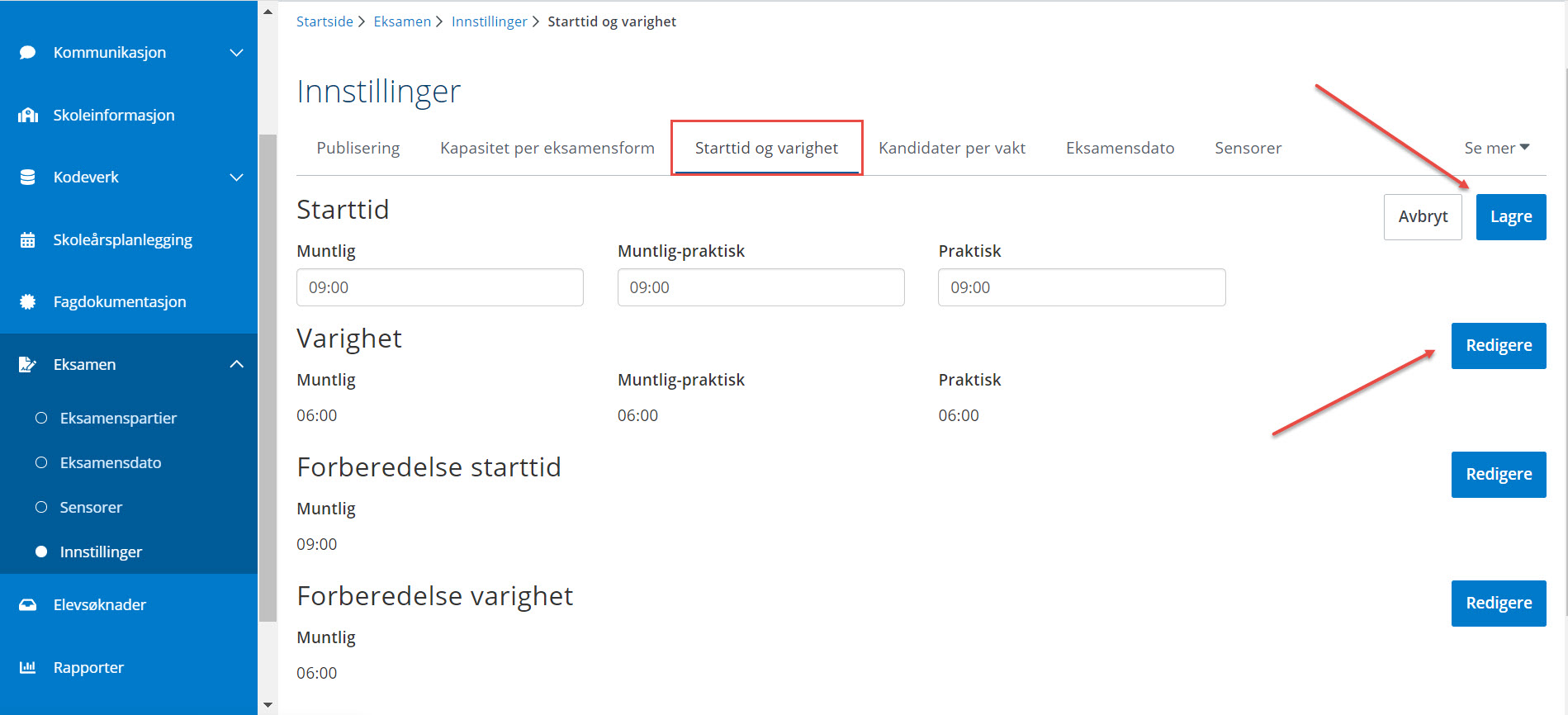 skjermbilde skoleeier kan registrere starttid og varighet på lokalgitt eksamen