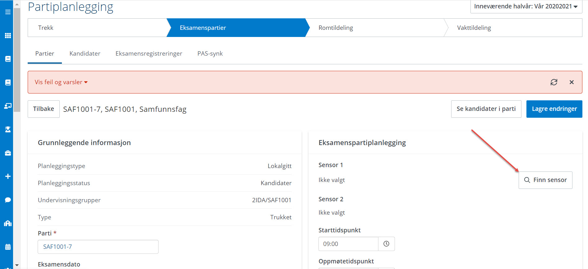 Skjermbilde finn sensor 1 til eksamensparti