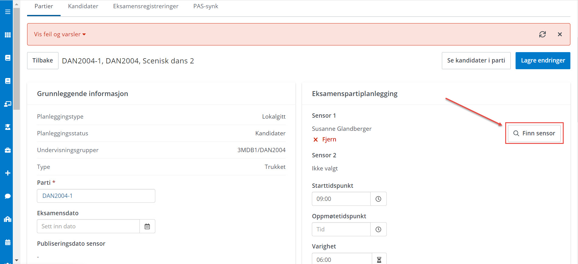 skjermbilde redigeringsvindu til ett eksamensparti. Handlingsknapp finn sensor