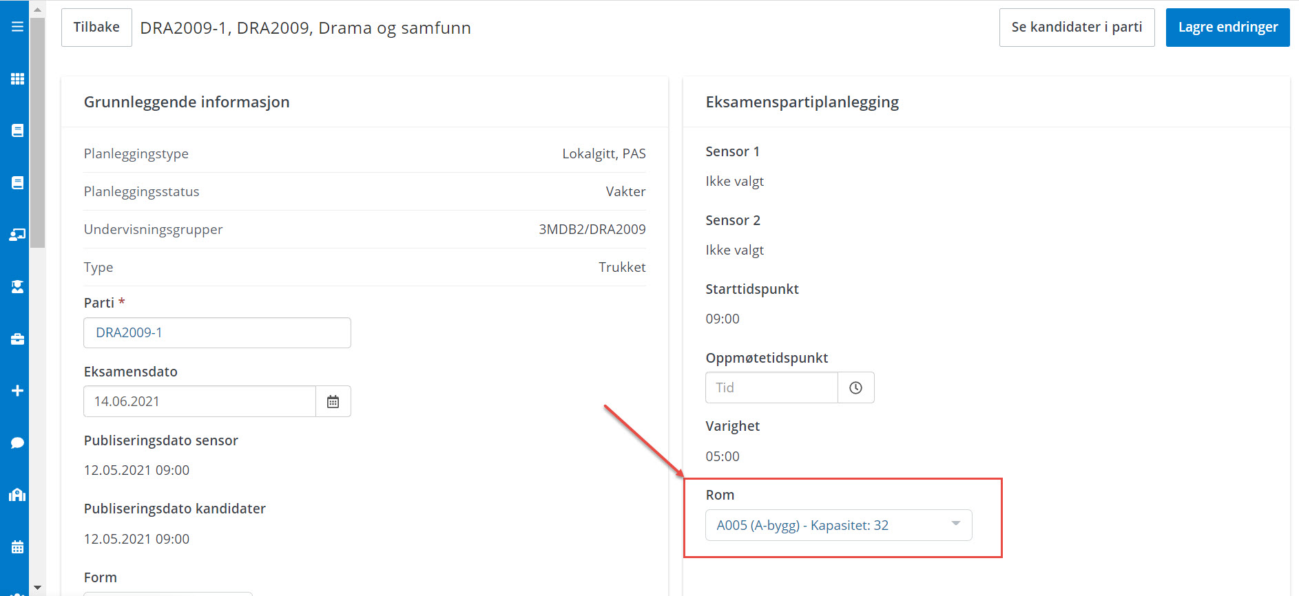 skjermbilde nedtrekksmeny over rom 