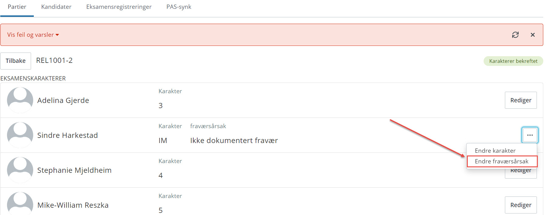 skjermbilde endre fraværsårsak på eksamen