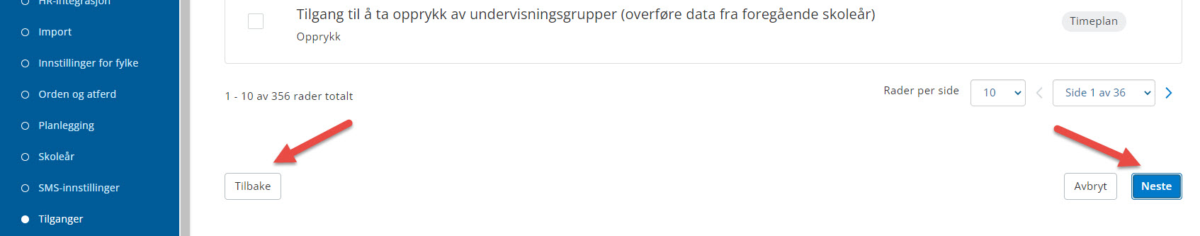 Bilde som viser knappene 'Tilbake' og 'Neste'.