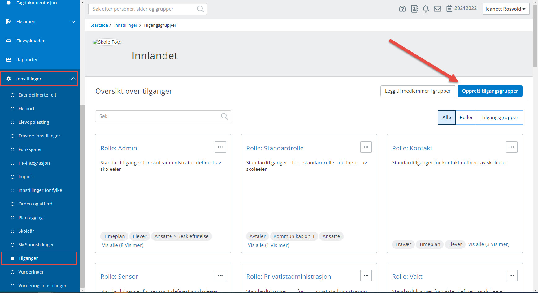 Bilde av siden Innstillinger > Tilganger med knappen 'Opprett tilgangsgrupper' indikert.