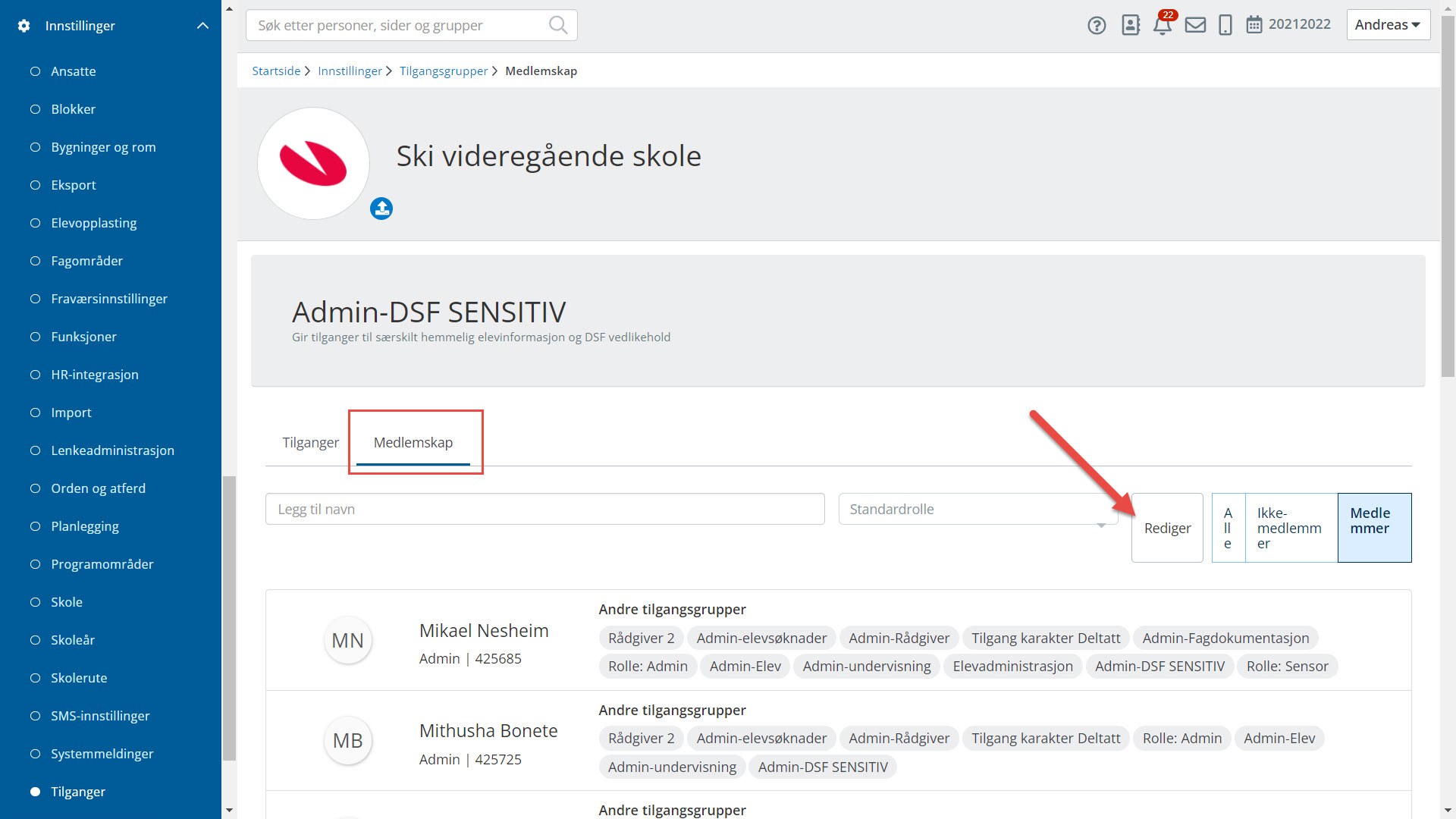 Bilde som viser fanen 'Medlemmer' inne i en tilgangsgruppe og knappen 'Rediger' som må benyttes for å redigere medlemskap i denne.