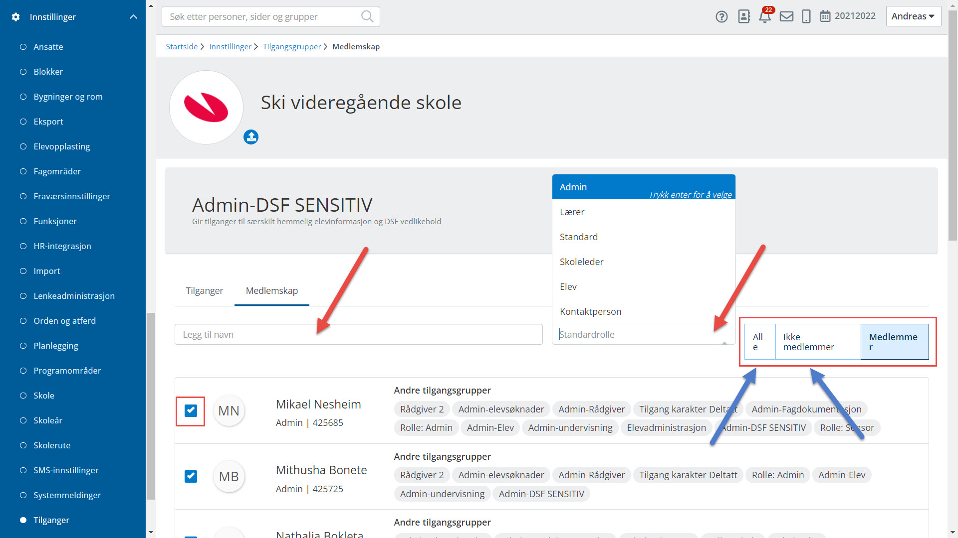 Bilde som illustrerer bruk av søkefeltet i fanen 'Medlemmer' på en tilagangsgruppe.