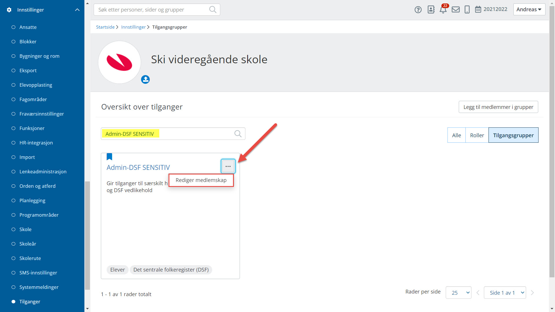 Bilde som viser handlingsknappen og menyvalget 'Rediger medlemskap' på en tilgangsgruppe.