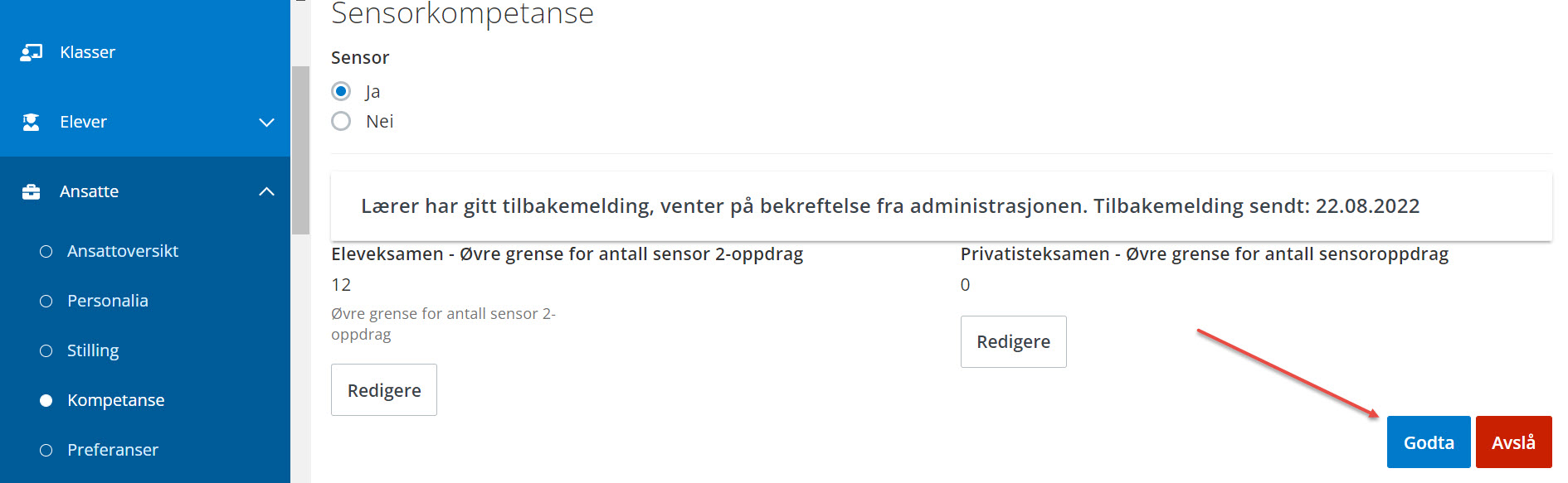 Handlingsknapper hvor skoleleder redigerer, godtar og avslår tilbakemeldinger om ssenorkompetanse