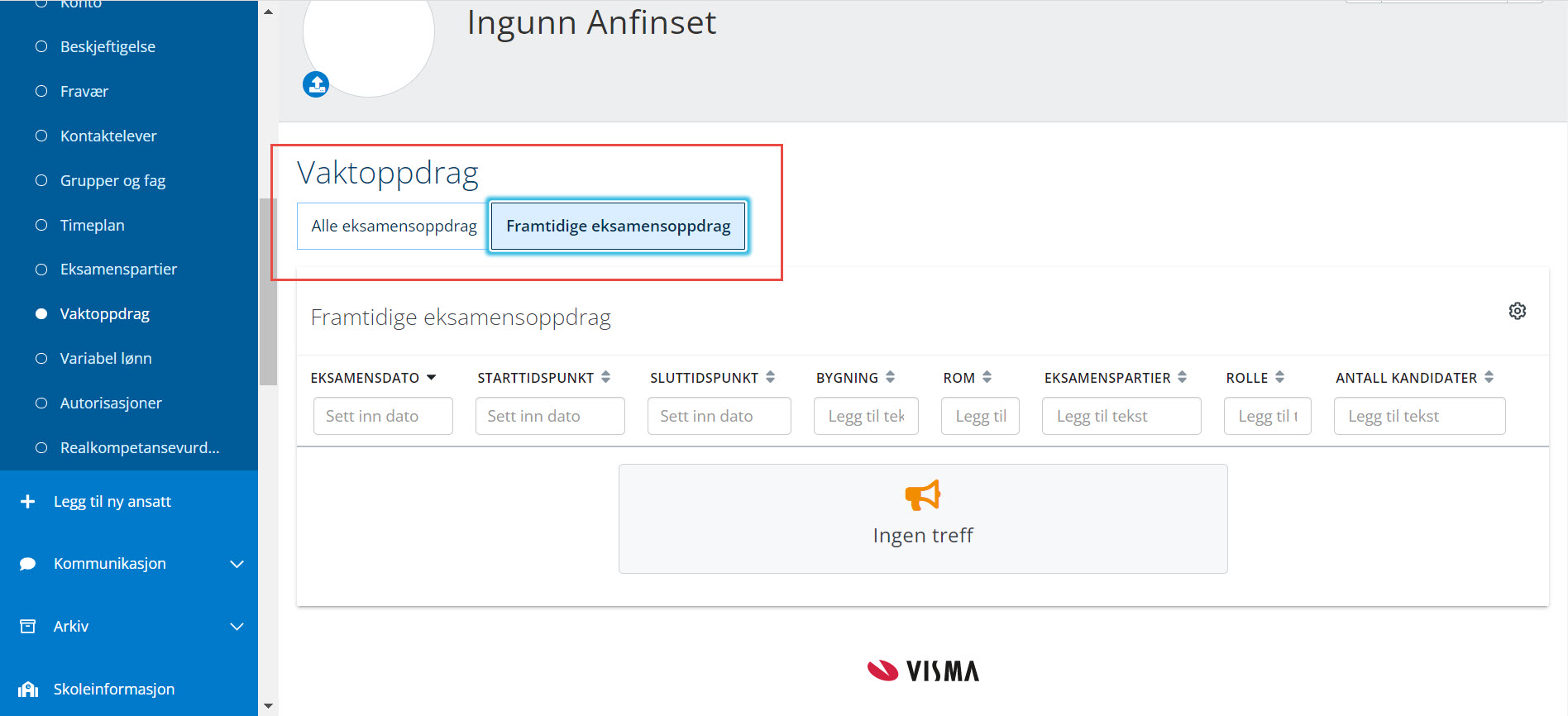skjermbilde av oversikt over ansattes vaktoppdrag