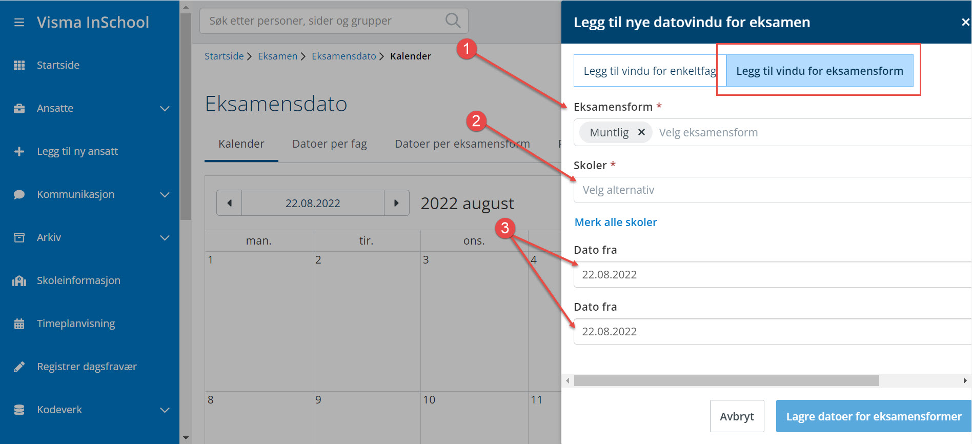 skjermbilde legge til datovindu for eksamensform